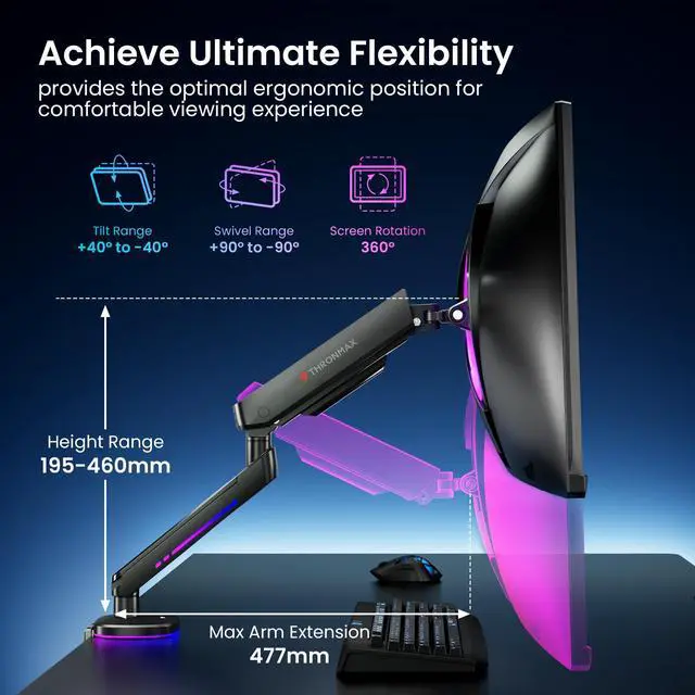 Alt view image 3 of 5 - THRONMAX MX100 Monitor Mount for 12''-45'' inch Screens, Heavy Duty Fully Adjustable Steal Stand, Gas Spring Arm, VESA Mount with Clamp, Black