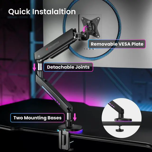 Alt view image 5 of 5 - THRONMAX MX100 Monitor Mount for 12''-45'' inch Screens, Heavy Duty Fully Adjustable Steal Stand, Gas Spring Arm, VESA Mount with Clamp, Black
