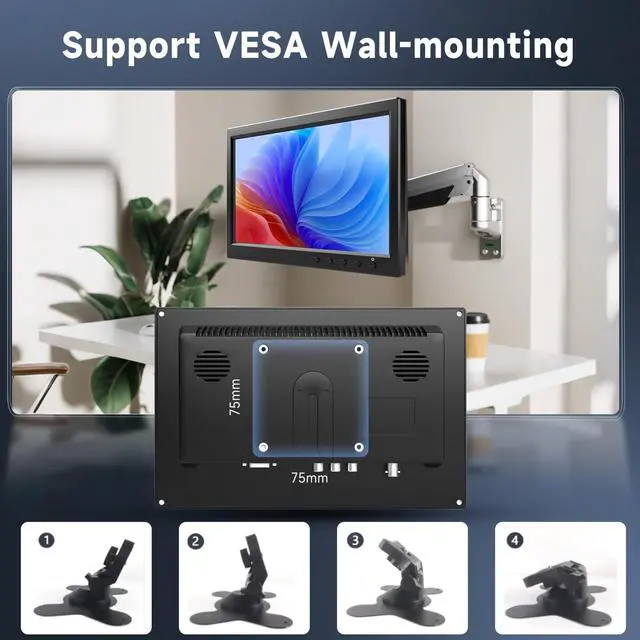 Alt view image 2 of 5 - podofo 10.1 HD Monitor for Mini TV & Car Video Player & Computer Display TFT LCD Color Screen for Car Backup Camera & Home Security System Built in Speaker Support BNC/AVI/VGA/HDMI