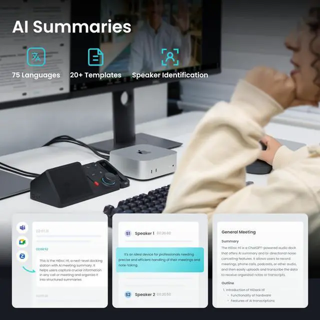 Alt view image 3 of 5 - H1E USB C Docking Station with AI Voice Recorder, Free Transcription & Summarization, 4K HDMI, 1Gbps Ethernet, 5Gbps Data Transfers, 83W PD, Laptop Docking Station for Windows/Mac/ChromeOS (H1E)