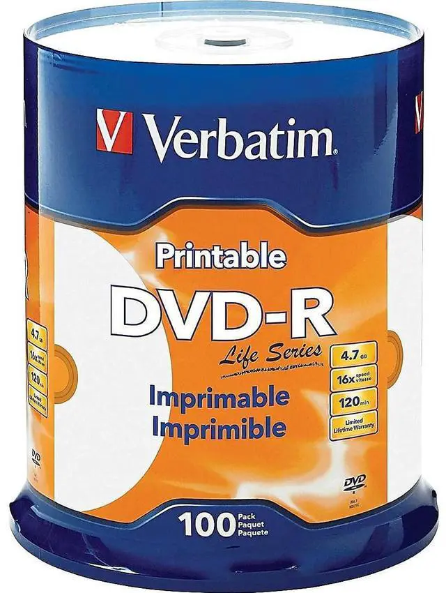 Main image of Verbatim Life Series DVD-R Printable Disc Spindle, Pack Of 100