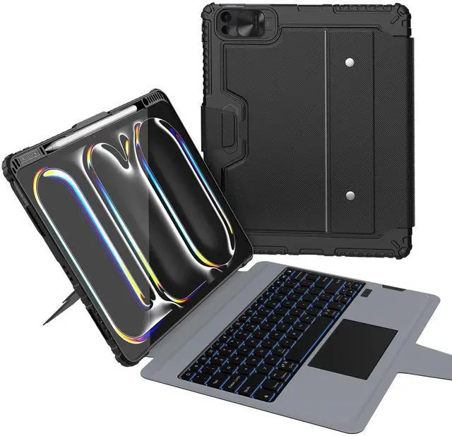Main image of Nillkin iPad Pro 13 inch (M4) Case with Detachable Keyboard, Magic Trackpad, 7 Colors Backlit, Rugged Keyboard Case with Camera Cover for iPad Pro 13 2024, Black
