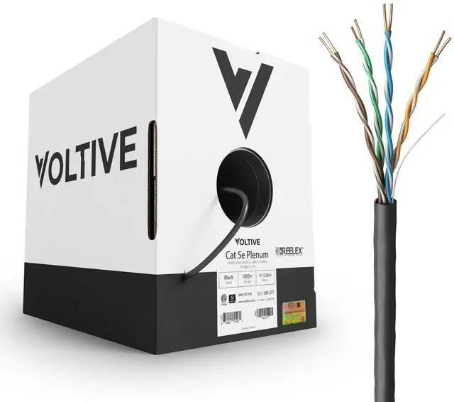 Main image of Voltive Cat5e Plenum (CMP), 1000ft, Black - Solid Bare Copper Bulk Ethernet Cable - UTP - 350MHz - UL Certified & ETL Verified