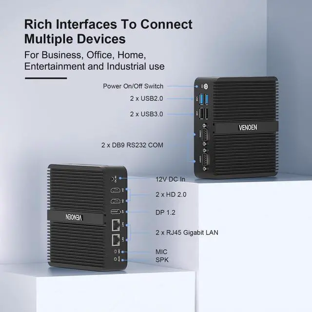 Alt view image 2 of 5 - Fanless Mini PC Industrial PC N100, Dual LAN mini Pc Win11 Pro, 8G RAM 128GB NVME SSD Mini Desktop Computer, 2xHD 2.0, 1xDP 1.2, 2xRS232 COM, WiFi, BT 4.2, VESA, Auto Power On, Linux Micro pc