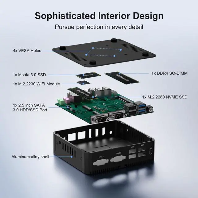 Alt view image 3 of 5 - Fanless Mini PC Industrial PC N100, Dual LAN mini Pc Win11 Pro, 8G RAM 128GB NVME SSD Mini Desktop Computer, 2xHD 2.0, 1xDP 1.2, 2xRS232 COM, WiFi, BT 4.2, VESA, Auto Power On, Linux Micro pc