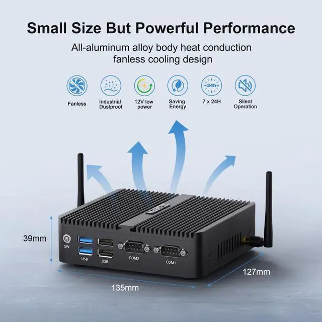 Alt view image 5 of 5 - Fanless Mini PC Industrial PC N100, Dual LAN mini Pc Win11 Pro, 8G RAM 128GB NVME SSD Mini Desktop Computer, 2xHD 2.0, 1xDP 1.2, 2xRS232 COM, WiFi, BT 4.2, VESA, Auto Power On, Linux Micro pc