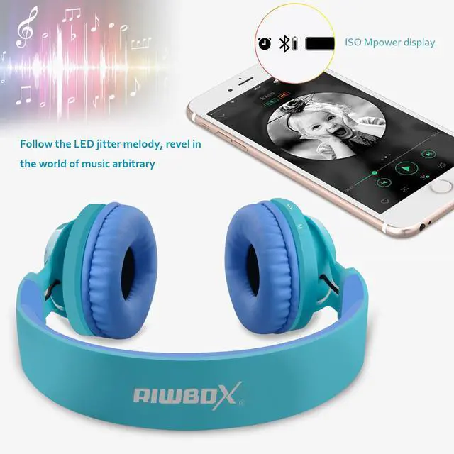 Alt view image 4 of 5 - Riwbox WT-7S Kids Bluetooth Headphones, LED Light Up Wireless Foldable Stereo Headset with Microphone and Volume Control for PC/Tablet/TV/Travel (Blue)