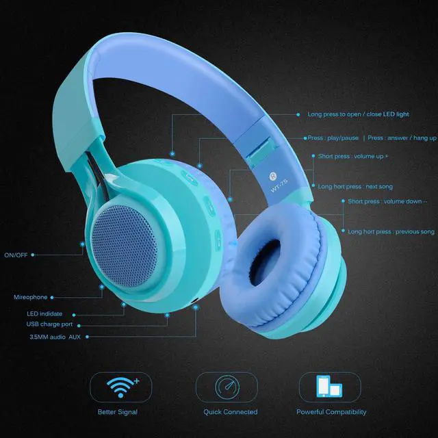 Alt view image 5 of 5 - Riwbox WT-7S Kids Bluetooth Headphones, LED Light Up Wireless Foldable Stereo Headset with Microphone and Volume Control for PC/Tablet/TV/Travel (Blue)