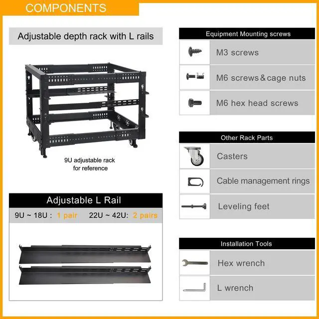 Alt view image 4 of 5 - RIVECO 9U 19 Adjustable Depth Server Rack Support Up to 1700LBS Floor Standing 4 Post Rack with Load-Bearing Casters Universal for Network Equipment Black
