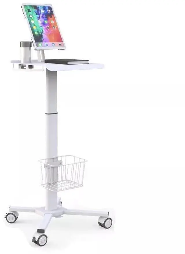 Alt view image 2 of 5 - Mount Plus C01 Height Adjustable Mobile Medical Tablet Cart with Wheels and Tablet Enclosure Basket Storage | Medical Trolley for Hospital Clinic Beauty Salon | Pneumatic Mobile iPad Workstation