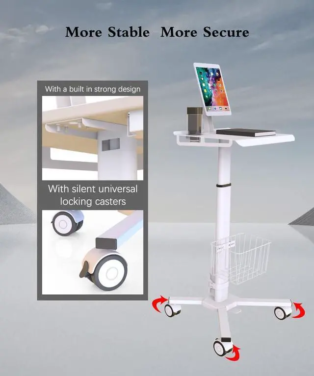Alt view image 5 of 5 - Mount Plus C01 Height Adjustable Mobile Medical Tablet Cart with Wheels and Tablet Enclosure Basket Storage | Medical Trolley for Hospital Clinic Beauty Salon | Pneumatic Mobile iPad Workstation