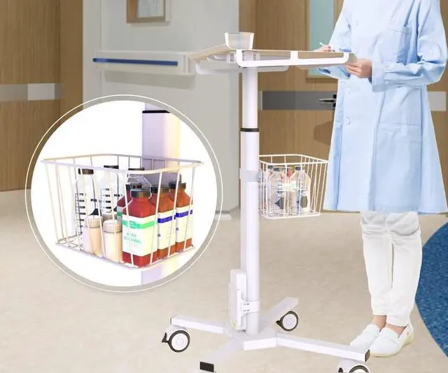 Alt view image 4 of 5 - Mount Plus C01 Height Adjustable Mobile Medical Tablet Cart with Wheels and Tablet Enclosure Basket Storage | Medical Trolley for Hospital Clinic Beauty Salon | Pneumatic Mobile iPad Workstation