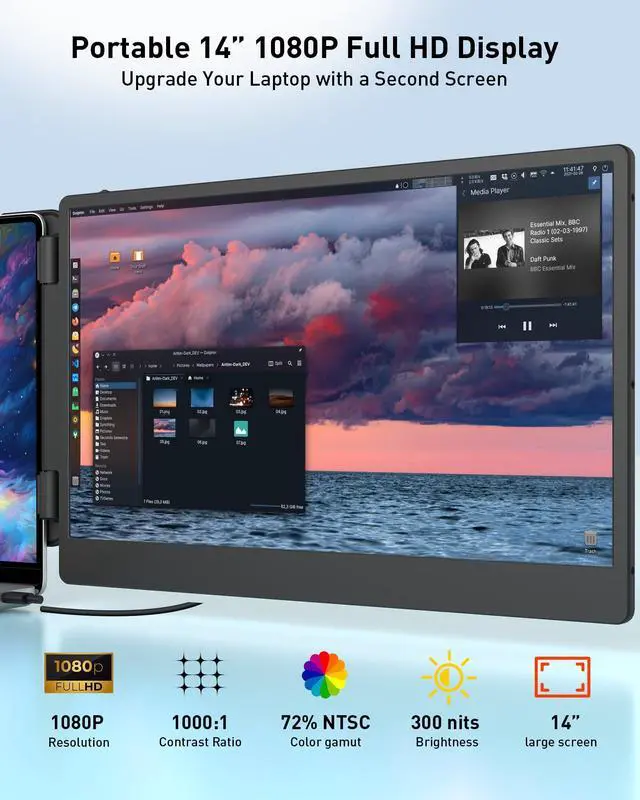 Alt view image 2 of 5 - MarsMyth S2 14-inch Laptop Screen Expander, 1920x1080 IPS Display, 60Hz Refresh Rate, C-Type HDMI Input, Portable Monitor for Laptop - Ideal for Travel, Home Office and Dual-Screen Setups