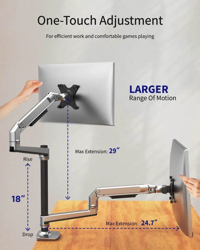 Alt view image 3 of 5 - Ergounion Dual Monitor Mount, Holds Screens up to 40 Inches and 25 lbs, Fully Adjustable Dual Monitor Arm with C-Clamp and Grommet Base, Aluminum, Silver