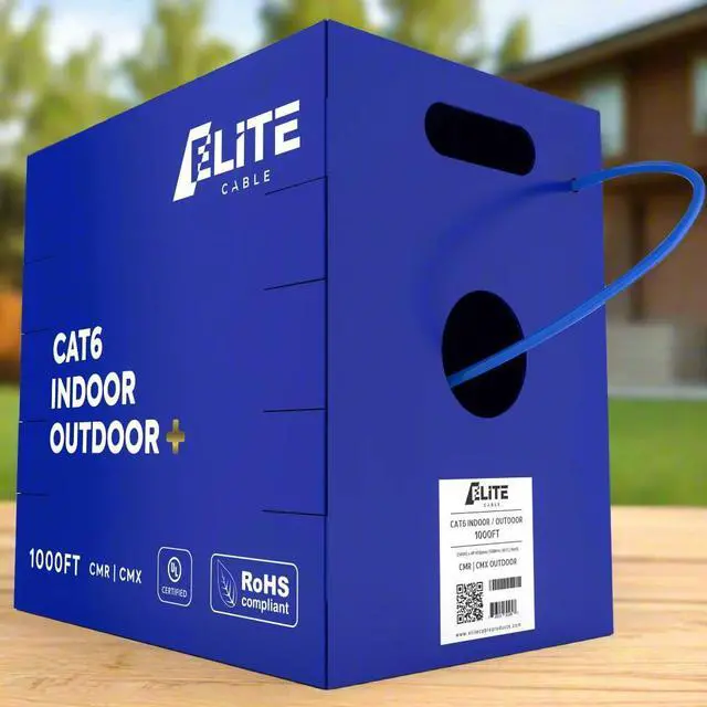 Main image of Elite Cat6 Indoor/Outdoor Ethernet Cable - 23AWG, 1000ft, 600MHz, 5+ dB, High Performance, UL Listed, LP Rated, Blue