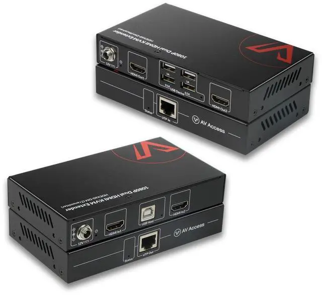 Main image of HDMI USB KVM Extender Dual Monitor Over Cat5e/6/6a/7 up to 1080p@60Hz 197ft, Zero Latency Extended Dual View, Display 2 Monitors with 4 USB 2.0 Ports for Keyboard/Mouse, HDCP 1.4, PoC, Plug and Play