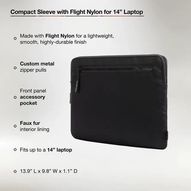 Alt view image 2 of 5 - Incase Compact Laptop Sleeve with Flight Nylon - 14-inch MacBook/Laptop & iPad/Tablet Sleeve - Faux Fur Lining, Lightweight, Durable, Weather Resistant, Slip Pocket for Accessories - Black
