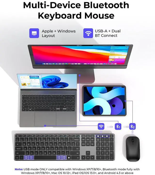 Alt view image 2 of 5 - seenda Wireless Bluetooth Keyboard and Mouse Combo (USB + Dual BT), SKM64-3 Multi-Device Rechargeable Slim Keyboard and Mouse, Compatible for Win 7/8/10, MacBook Pro/Air, iPad, Tablet - Black Gray