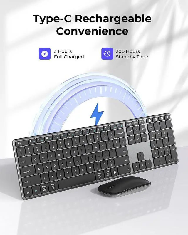 Alt view image 3 of 5 - seenda Wireless Bluetooth Keyboard and Mouse Combo (USB + Dual BT), SKM64-3 Multi-Device Rechargeable Slim Keyboard and Mouse, Compatible for Win 7/8/10, MacBook Pro/Air, iPad, Tablet - Black Gray