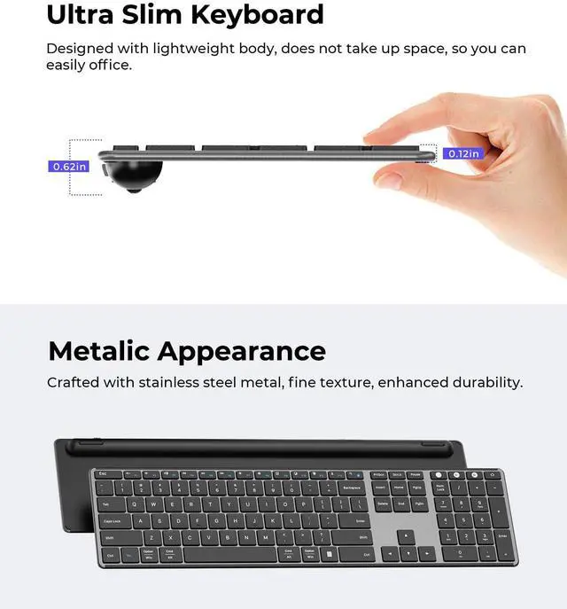 Alt view image 4 of 5 - seenda Wireless Bluetooth Keyboard and Mouse Combo (USB + Dual BT), SKM64-3 Multi-Device Rechargeable Slim Keyboard and Mouse, Compatible for Win 7/8/10, MacBook Pro/Air, iPad, Tablet - Black Gray