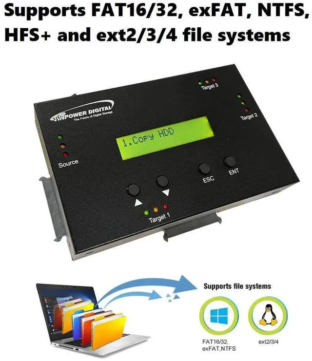 Alt view image 5 of 5 - Vinpower Digital 1 to 3 SATA 2.5" & 3.5" Hard Disk Drive/Solid State Drive (HDD/SSD) Clone Duplicator and DOD Level Eraser