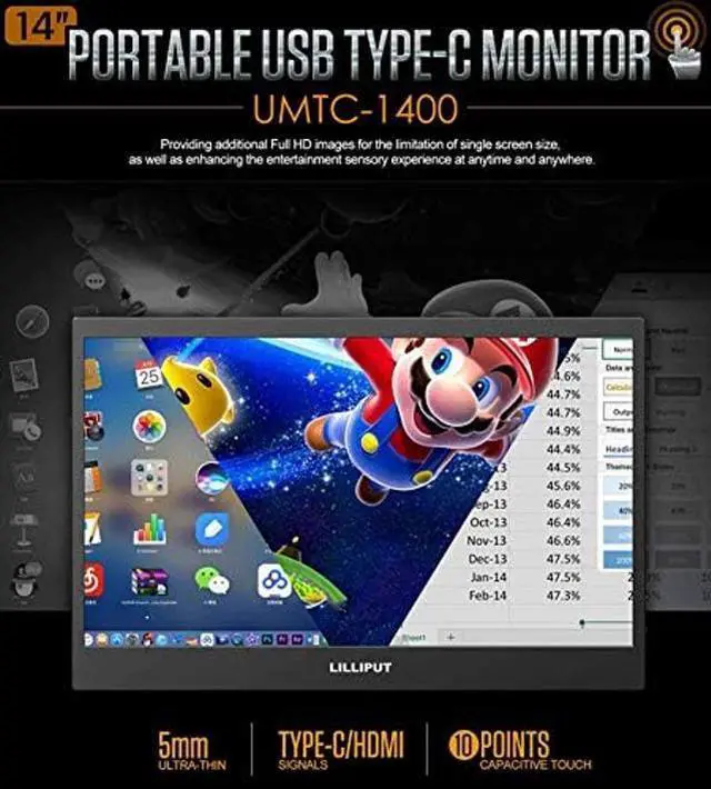 Alt view image 2 of 5 - LILLIPUT Thin Portable lCD HD Monitor UMTC-1400 14 USB Type C Hdmi for Laptop,Phone,Xbox,Switch and Ps4 Portable lcd Gaming Monitor
