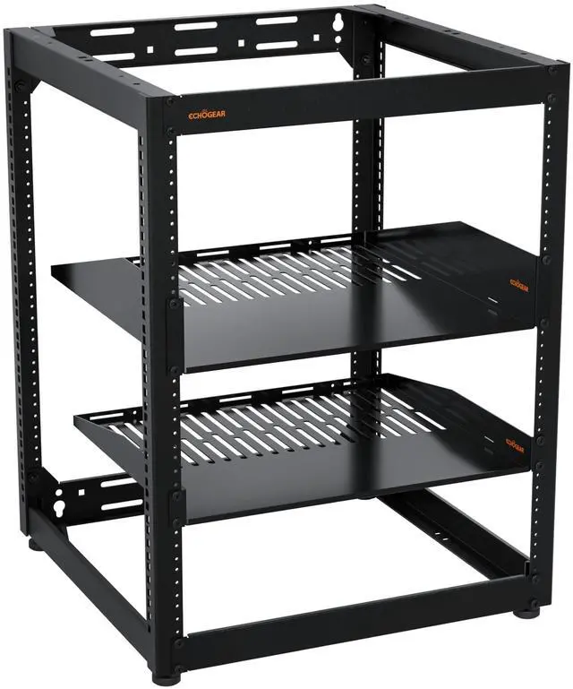 Main image of ECHOGEAR 15U Open Frame Rack for Servers & AV Gear - Wall Mountable Design Includes 2X Vented Shelves, 25x Rack Mounting Screws, 4X Leveling Feet, 4X Shelf Stops, & 2X Securement Straps