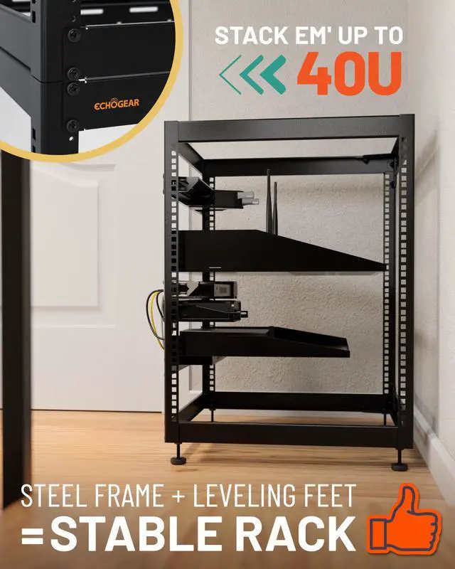Alt view image 5 of 5 - ECHOGEAR 15U Open Frame Rack for Servers & AV Gear - Wall Mountable Design Includes 2X Vented Shelves, 25x Rack Mounting Screws, 4X Leveling Feet, 4X Shelf Stops, & 2X Securement Straps