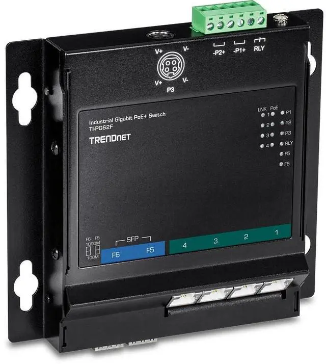Main image of TRENDnet 6-Port Industrial Gigabit PoE+ Wall-Mounted Front Access Switch, TI-PG62F, 4 x Gigabit PoE+ Ports, 2 x Gigabit SFP Slots, DIN-Rail, Wall Mount Brackets Included, IP30, 120W PoE Budget
