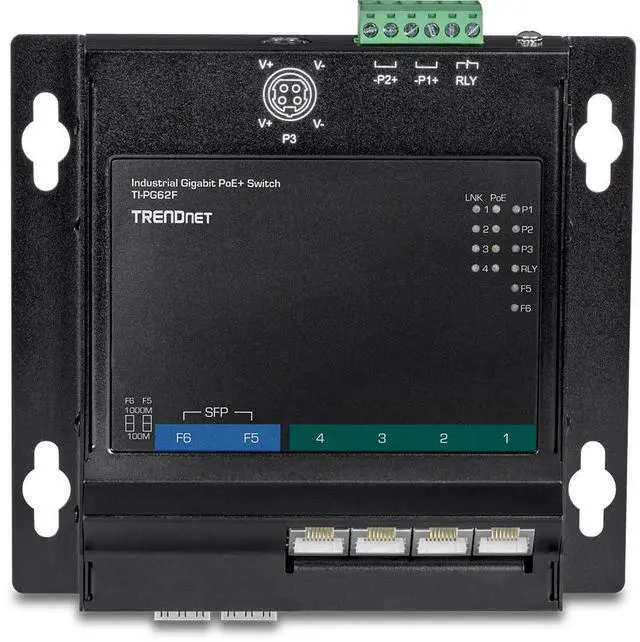 Alt view image 2 of 4 - TRENDnet 6-Port Industrial Gigabit PoE+ Wall-Mounted Front Access Switch, TI-PG62F, 4 x Gigabit PoE+ Ports, 2 x Gigabit SFP Slots, DIN-Rail, Wall Mount Brackets Included, IP30, 120W PoE Budget