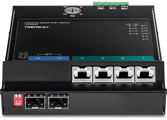 Alt view image 3 of 4 - TRENDnet 6-Port Industrial Gigabit PoE+ Wall-Mounted Front Access Switch, TI-PG62F, 4 x Gigabit PoE+ Ports, 2 x Gigabit SFP Slots, DIN-Rail, Wall Mount Brackets Included, IP30, 120W PoE Budget