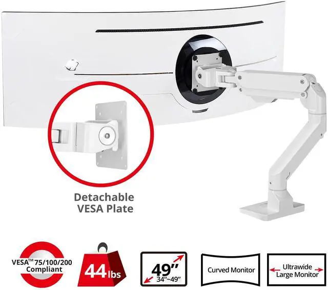 Alt view image 2 of 5 - SIIG Heavy Duty Single Monitor Arm Desk Mount, Holds One 34" - 49" Monitor, Between 22-44 lbs, C-Clamp/Grommet, Full Motion Height Adjustable, VESA 75/100/200mm, Cable Management, (CE-MT3S11-S1)