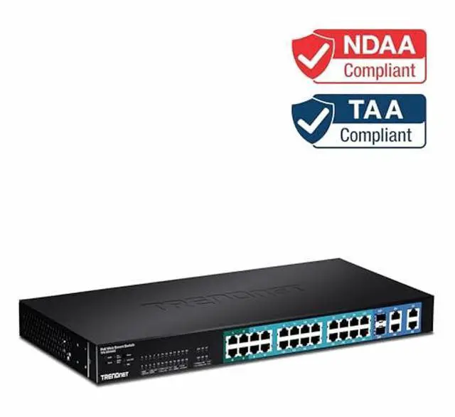 Alt view image 2 of 5 - TRENDnet 28-Port 10/100Mbps Web Smart PoE+ Switch, 20 x PoE Ports, 4 x PoE+ Ports, 2 x Gigabit Ports, 2 x Shared Gigabit Ports (RJ-45 or SFP), Rack Mountable, Lifetime Protection, Black, TPE-224WS