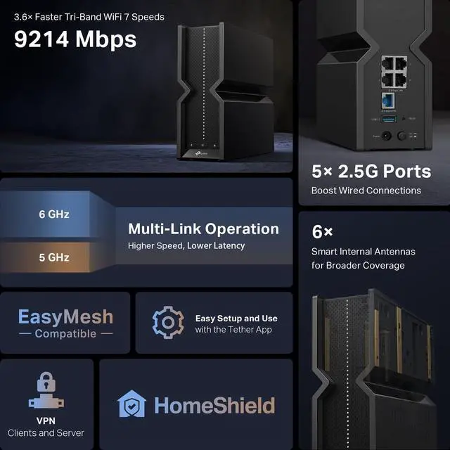 Alt view image 3 of 5 - TP-Link Tri-Band BE9300 WiFi 7 Router (Archer BE550) - 6-Stream, Full 2.5G Ports w/ 6 Internal Antennas, Up to 2,000 Sq Ft, Add Easy-Mesh Device for Extended Coverage, VPN Support, Free Expert Support
