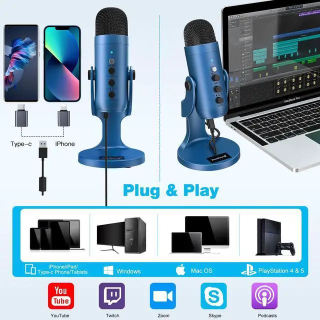 Alt view image 2 of 5 - ZealSound USB Microphone,Condenser Gaming Mic for Phone/Laptop/PC/PS4/5/Computer,Microphone with Gain Knob,LED Mute,Monitor Volume Adjustment,Stand Base for Streaming, Podcast, Studio Recording (Blue)