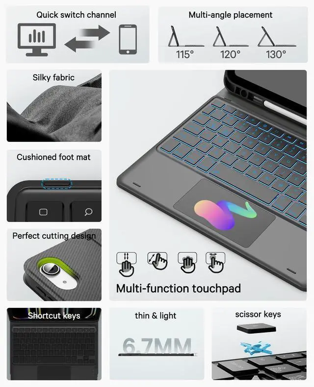 Alt view image 3 of 5 - CHESONA for iPad 10th Generation Case with Keyboard, 7 Color Backlight, Multi-Touch Trackpad, Flip Stand Case with Pencil Holder, 2 Wireless Channels for iPad (A16) 11th/10th Gen (2025/2022), Black