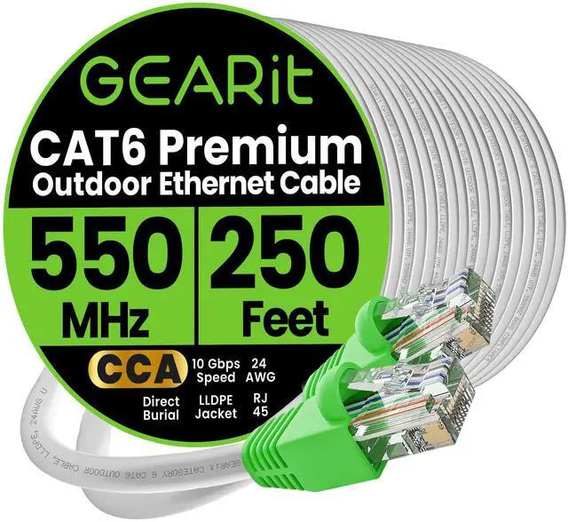 Main image of GEARit RJ45 Cat-6 Ethernet Patch Cable, 10Gpbs Transfer Speed, Gold-Plated Connectors, Copper Clad, Outdoor, UV Resistant, Direct Burial, Waterproof, Durable, 250 Foot (76.2 Meters), White