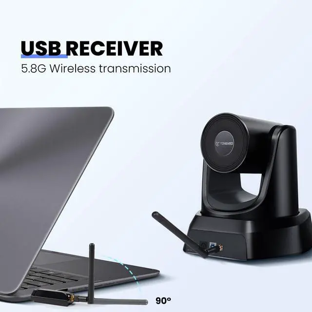 Alt view image 2 of 5 - TONGVEO 5.8GHz Wireless Conference Room Camera System | 3X 60fps PTZ Camera with Bluetooth Microphone, 50ft Range, Compatible with Zoom, OBS - Easy Setup for Worship and Online Meetings