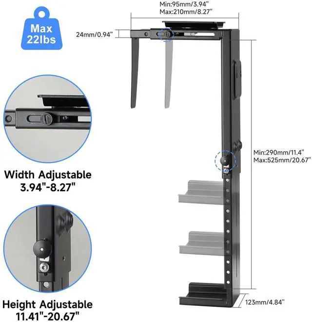 Alt view image 3 of 5 - Suptek Adjustable Under Desk and Wall PC Mount,3.74 to 8.26 inch Wide Computer Case CPU Hanger Holder 360 Degree Rotatable Under-Desk PC Hanging Stand Holder Mount (ZJJ001)
