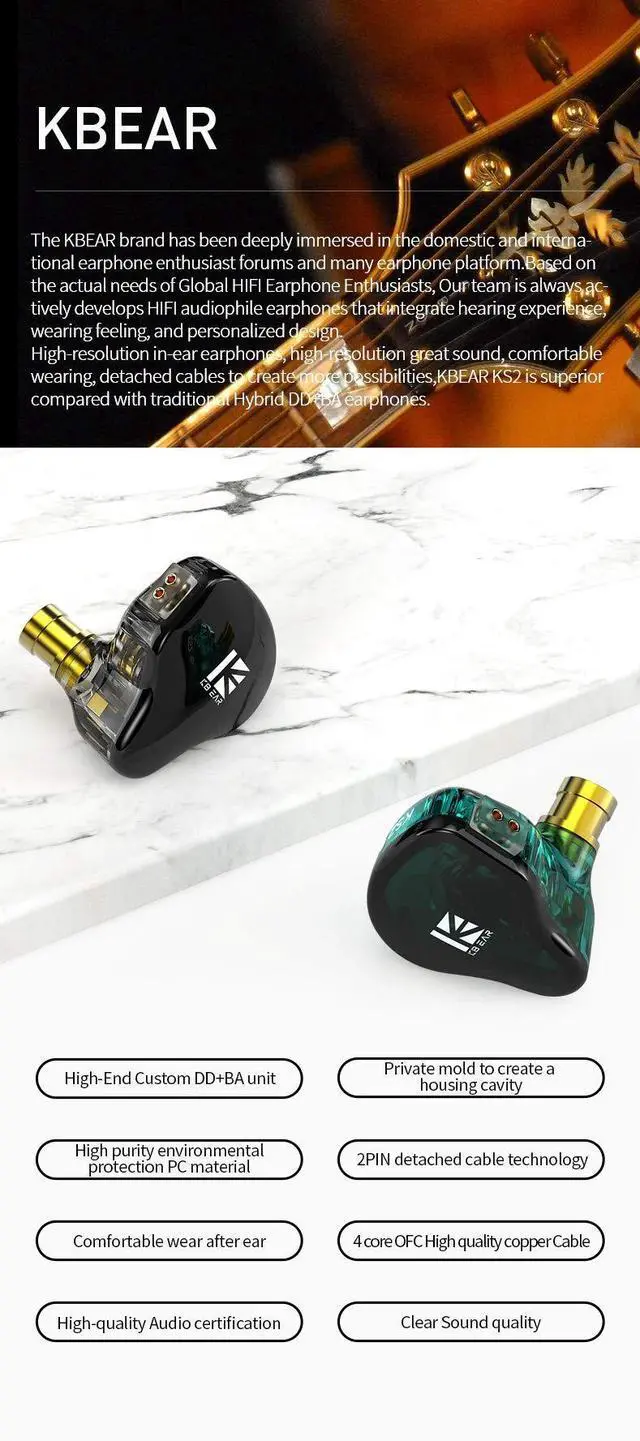 Alt view image 4 of 5 - keephifi Wired Earphone KBEAR KS2 Wired Headphone 10mm Composite Diaphragm Unit in Ear Monitor with Detachable Cable HiFi Bass Earbud Noise-Isolating Headset for Audiophile Musician (with mic, Black)