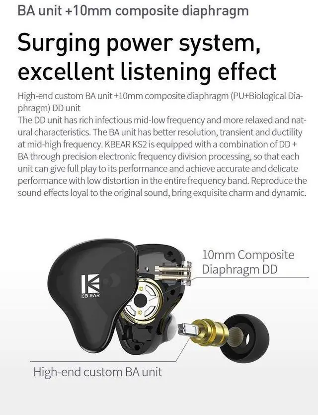 Alt view image 5 of 5 - keephifi Wired Earphone KBEAR KS2 Wired Headphone 10mm Composite Diaphragm Unit in Ear Monitor with Detachable Cable HiFi Bass Earbud Noise-Isolating Headset for Audiophile Musician (with mic, Black)