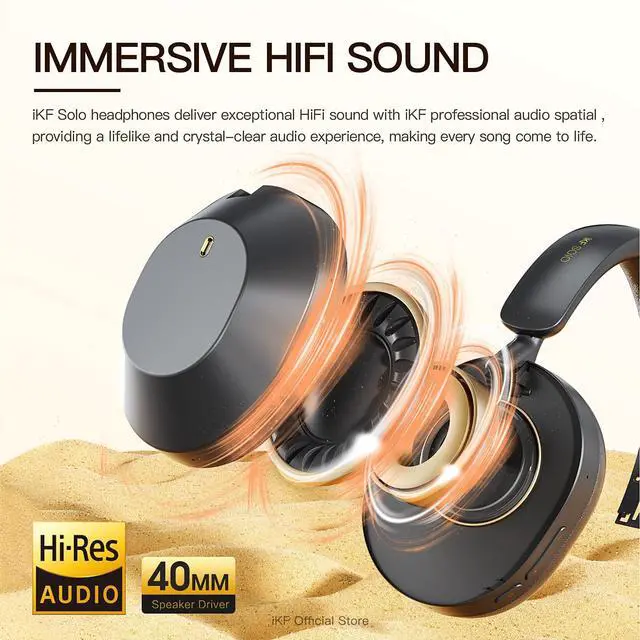 Alt view image 5 of 5 - iKF Solo Wireless Over Ear Headphones,Active Noise Cancelling, 40mm Speakers,130H Playback, Transparency Mode, Foldable, 35ms Low Latency, USB Audio with External Mic, App Customization (Black)