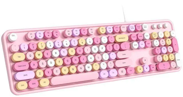 Main image of Dilter Wired Keyboard, 104 Keys Full-Sized Typewriter Keyboards, USB Plug and Play Office Keyboard with Number Pad, Caps Indicators, Foldable Stands for Windows, PC, Laptop (Pink Colorful)