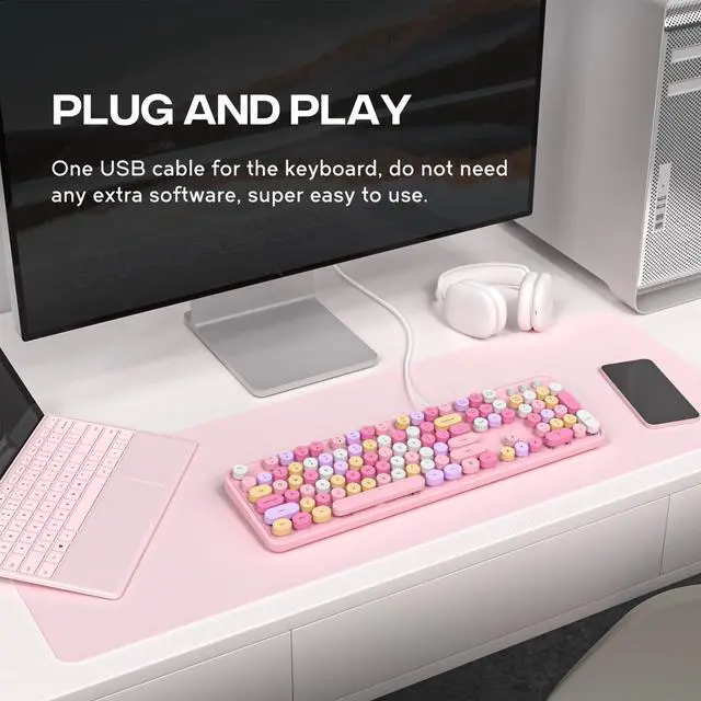 Alt view image 2 of 5 - Dilter Wired Keyboard, 104 Keys Full-Sized Typewriter Keyboards, USB Plug and Play Office Keyboard with Number Pad, Caps Indicators, Foldable Stands for Windows, PC, Laptop (Pink Colorful)