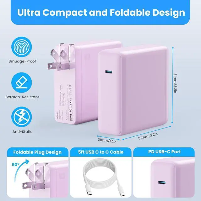 Alt view image 4 of 5 - Kioson Mac Book Pro Charger - 120W USB C Charger Fast Charger, Compact Laptop Charger Adapter Compatible with USB C Port MacBook Pro/Air, iPad Pro, Samsung Galaxy and All USB-C Devices (Light Purple)