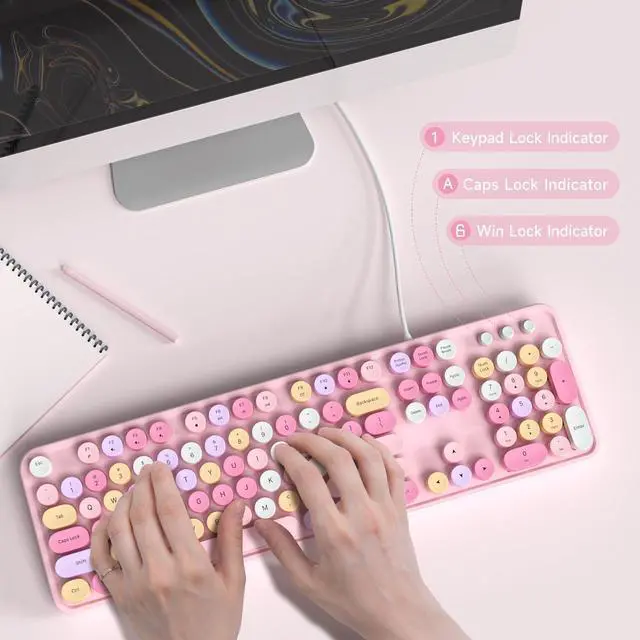 Alt view image 4 of 5 - Dilter Wired Keyboard, 104 Keys Full-Sized Typewriter Keyboards, USB Plug and Play Office Keyboard with Number Pad, Caps Indicators, Foldable Stands for Windows, PC, Laptop (Pink Colorful)