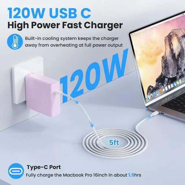Alt view image 2 of 5 - Kioson Mac Book Pro Charger - 120W USB C Charger Fast Charger, Compact Laptop Charger Adapter Compatible with USB C Port MacBook Pro/Air, iPad Pro, Samsung Galaxy and All USB-C Devices (Light Purple)
