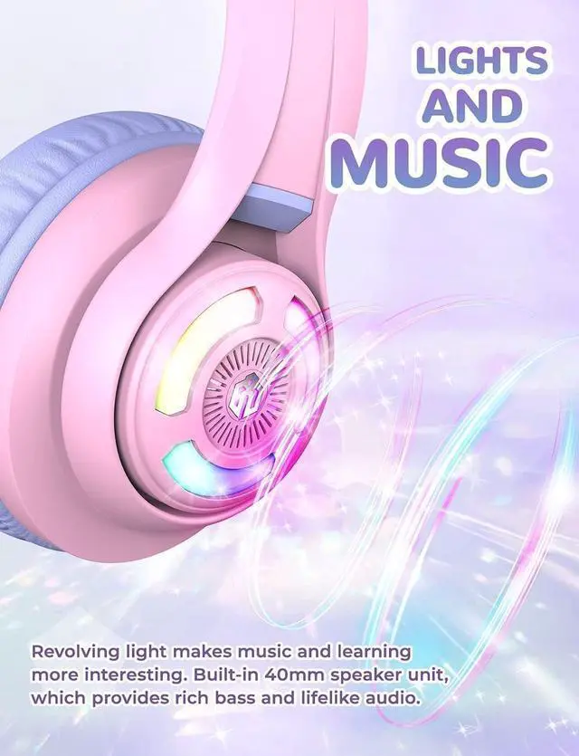 Alt view image 2 of 5 - iClever Cat Ear Kids Bluetooth Headphones, LED Lights Up, 74/85/94dB Volume Limited, 50H Playtime,Bluetooth 5.2, USB C,Kids Headphones Wireless Over Ear for Travel iPad Tablet, Meow Macaron-Purple