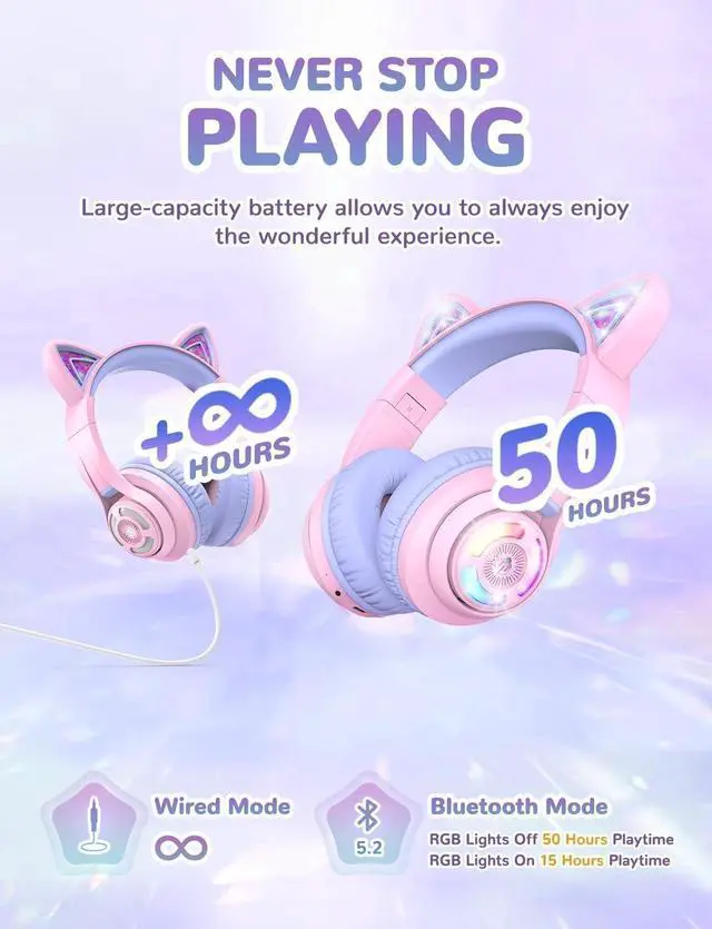 Alt view image 4 of 5 - iClever Cat Ear Kids Bluetooth Headphones, LED Lights Up, 74/85/94dB Volume Limited, 50H Playtime,Bluetooth 5.2, USB C,Kids Headphones Wireless Over Ear for Travel iPad Tablet, Meow Macaron-Purple
