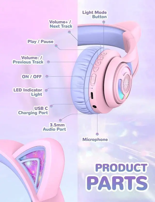 Alt view image 5 of 5 - iClever Cat Ear Kids Bluetooth Headphones, LED Lights Up, 74/85/94dB Volume Limited, 50H Playtime,Bluetooth 5.2, USB C,Kids Headphones Wireless Over Ear for Travel iPad Tablet, Meow Macaron-Purple